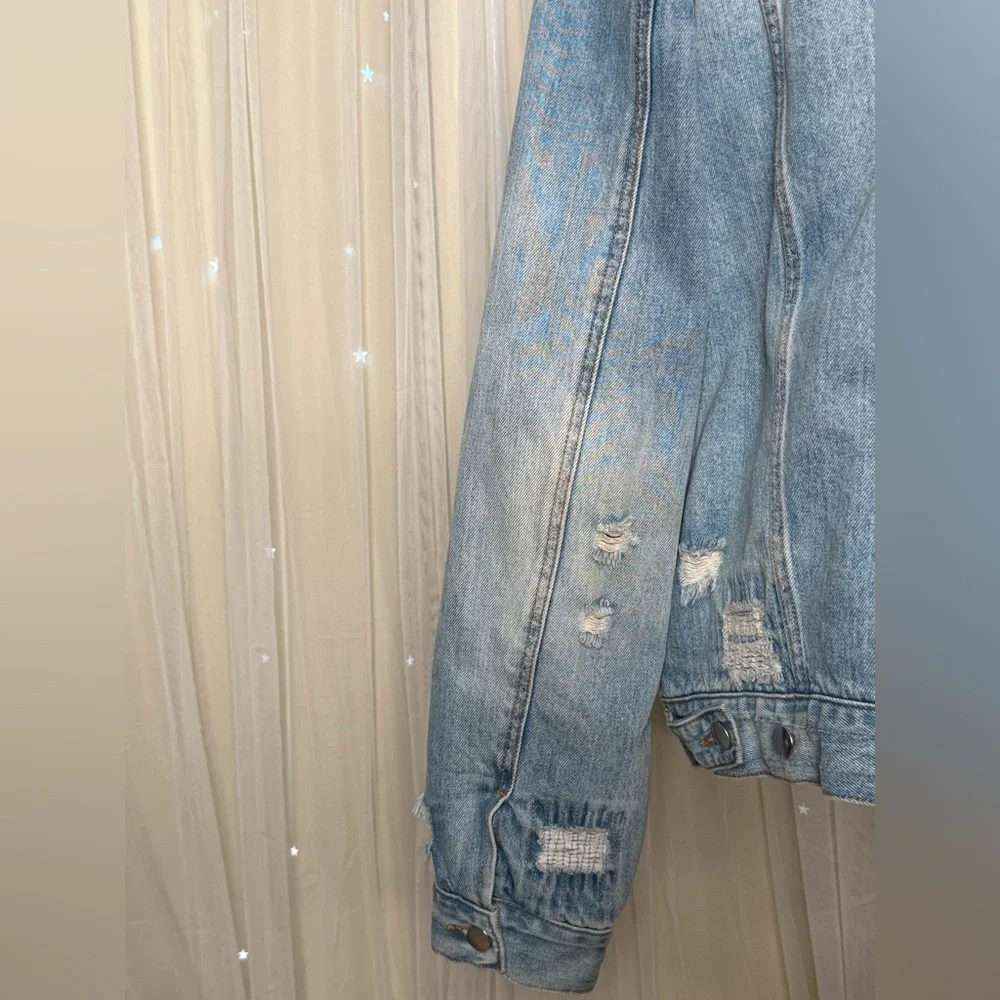 Free People Plaid Lined Denim Sherpa Collar Trucker Oversized Jacket *Flawed - Picture 8 of 9